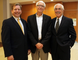 From left, Stephen Gruber, MD, MPH, director of the USC Norris Comprehensive Cancer Center; Peter Jones, PhD, Distinguished Professor of Urology and Biochemistry & Molecular Biology; and Art Ulene, MD, a board-certified obstetrician-gynecologist, author and speaker, addressed attendees at the Norris Friends and Family luncheon on Nov. 21. Norris Ambassadors — a group of supporters of the USC Norris Comprehensive Cancer Center who help promote the cancer center’s mission — invited family and friends to the event to hear Jones’ lecture on “How Cancer Epigenetics Affects You.” (Photo/Jon Nalick)