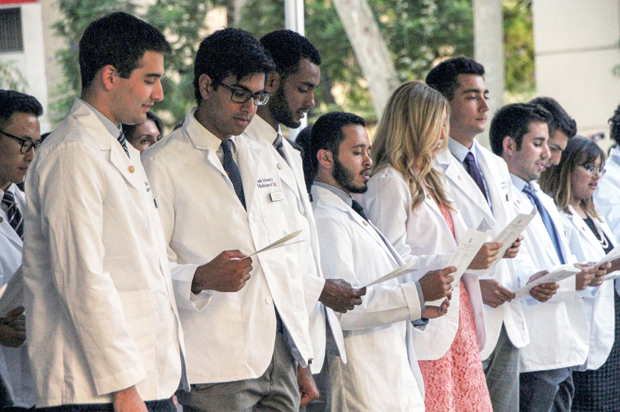 Incoming Keck Medical School of USC students recite the Hippocratic Oath on Aug. 14. 