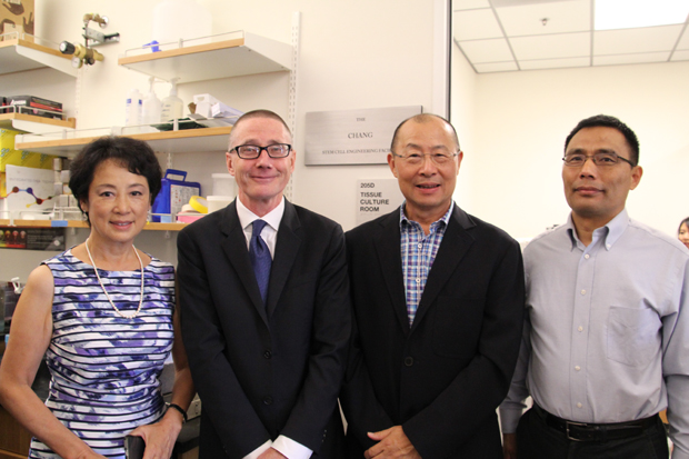From left, Cai Li Chang; Andy McMahon, director of the Eli and Edythe Broad Center for Regenerative Medicine and Stem Cell Research at USC; Daniel Chang, and Qi-Long Ying, director of the Chang Stem Cell Engineering Facility.