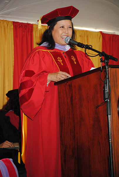 Carol Gomez Summerhays, DDS, president of the American Dental Association, gives the commencement address at the Herman Ostrow School of Dentistry of USC's satellite ceremony May 13 on the University Park Campus.