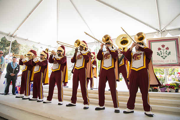 The USC Trojan Marching Band performs during the USC Norris Comprehensive Cancer Center’s 26th annual Festival of Life celebration, held June 4, 2016, at Pappas Quad on the Health Sciences Campus.
