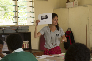 Global medicine alumna Rasa Rafie conducts a classroom activity to understand children’s baseline knowledge of nutrition in the Fijian village of Solevu. (Photo/Courtesy Evan Schell)