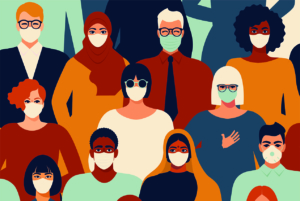 An illustration shows a diverse crowd of people wearing protective masks.