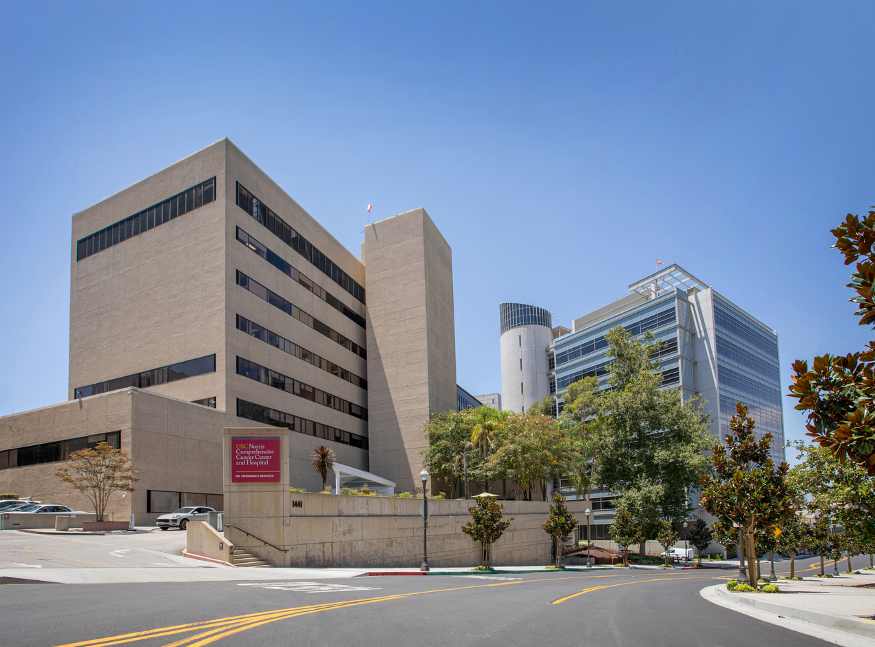 The exterior of USC Norris Comprehensive Cancer Center on the Health Sciences Campus