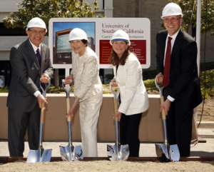 From left at the May 2 groundbreaking ceremony are: USC President C. L. Max Nikias; USC Trustee Harlyne Norris; Lisa Hansen, chair of the board of trustees for the Kenneth T. and Eileen L. Norris Foundation; and Senior Vice President and CEO for USC Health Tom Jackiewicz.