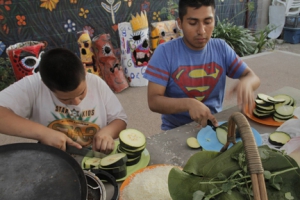 HEAL program youth members Heriberto Alfaro and Eddie Mendoza chop produce grown in the Proyecto Jardin community garden in Boyle Heights. The program teaches participants how to grow and prepare healthy food in several stages: planting, harvesting and cooking. (Photo/Courtesy Proyecto Jardin)