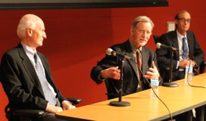 James A. Spudich, PhD, of Stanford University (center) answers a question while Michael P. Sheetz, PhD, of Columbia University (left) and Ronald D. Vale, PhD, of the University of California, San Francisco (right), look on during their USC Massry Prize lecture on Oct. 10. (Photo/Jon Nalick)