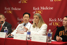 USC neurosurgeons Charles Liu, MD, PhD, and Christianne Heck, MD, MMM, respond to questions at a press conference held on Dec. 19, 2013, covering the first implant after FDA approval of the NeuroPace responsive neurostimulation device for epilepsy treatment.   Photo/Ted Pang