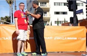 Glenn Ault, LA Marathon Medical Commissioner and associate professor of clinical surgery at the Keck School, is interviewed by KTLA about the medical service provided by the USC physicians and nurses. Above right, racers walk away from the finish line.  Photo/Kim Pluth