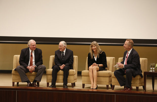 Lasker Award recipients (from left) Blake S. Wilson, Graeme M. Clark and Ingeborg J. Hochmair discuss their work on cochlear implants at the 2014 Lasker Lectures for the Lasker-DeBakey Clinical Medical Research Awards, held on April 10 in Mayer Auditorium at USC’s Health Sciences Campus.
Photo/Steve Cohn
