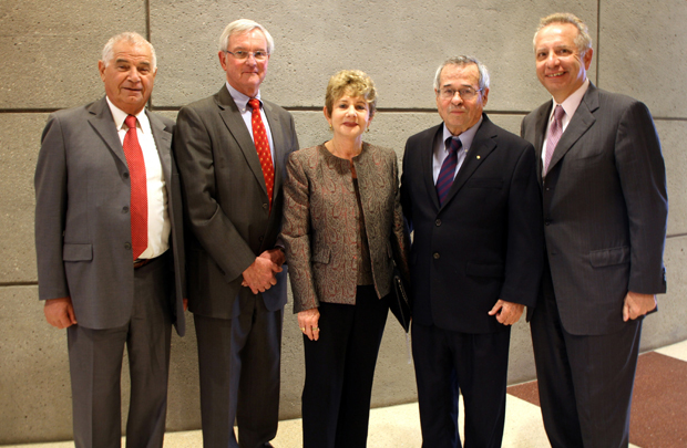 From left are: Vladimir Zelman, professor and co-chair of the Department of Anesthesiology; Philip Lumb, chair of the Department of Anesthesiology; Tami and Arieh Warshel; and Carmen A. Puliafito, dean of the Keck School.
