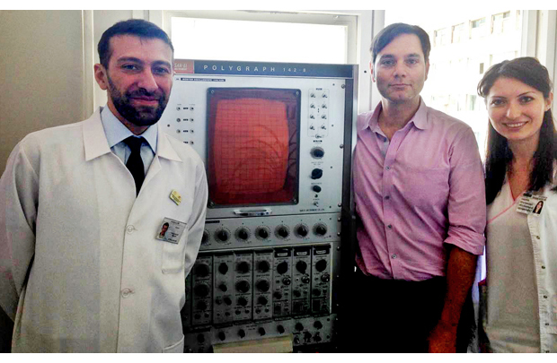 Nerses Sanossian (center), assistant professor of neurology at the Keck School of Medicine, tours Erebouni Medical Center in Armenia as part of a project to develop a better system of stroke care there. With him are Samson G. Khachatrya (left), director of the Sleep Laboratory, and staff neurologist Marianna Ghambaryan.