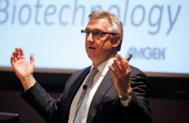Amgen CEO Robert A. Bradway speaks at Aresty Auditorium on Aug. 13 about the company’s focus developing treatments for several serious diseases. (Photo/Steve Cohn)