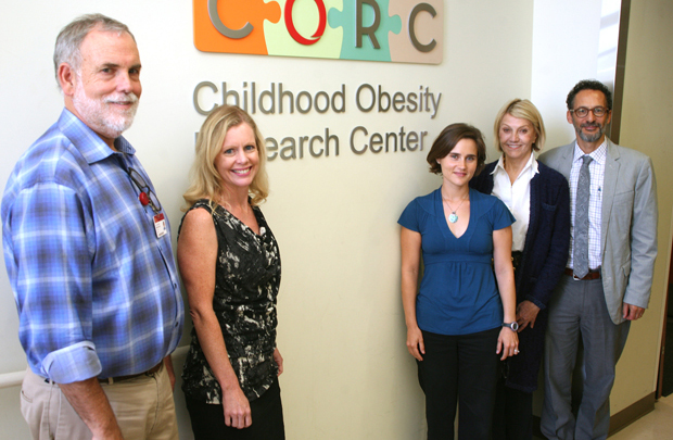 From left are Keck School of Medicine researchers Frank Gilliland, Katie Page and Tanya Alderete, with Veronica Atkins and team leader Michael Goran. (Photo/Jon Nalick)