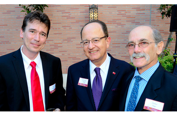 USC President C. L. Max Nikias with Paul Thompson, left, and Arthur Toga, right. 