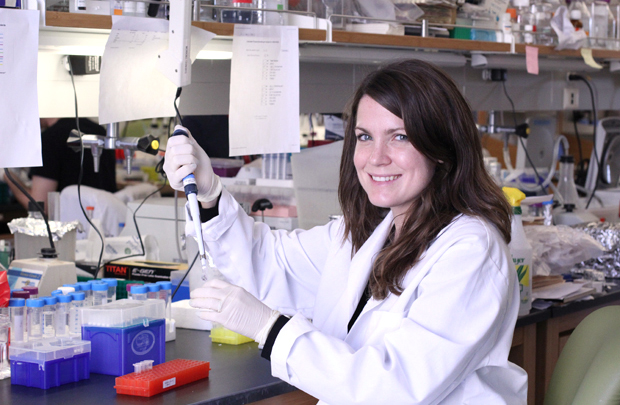 Lori O’Brien, a postdoctoral research associate, is focusing her work on an epigenetic regulator that encourages embryonic stem cells to self-renew.