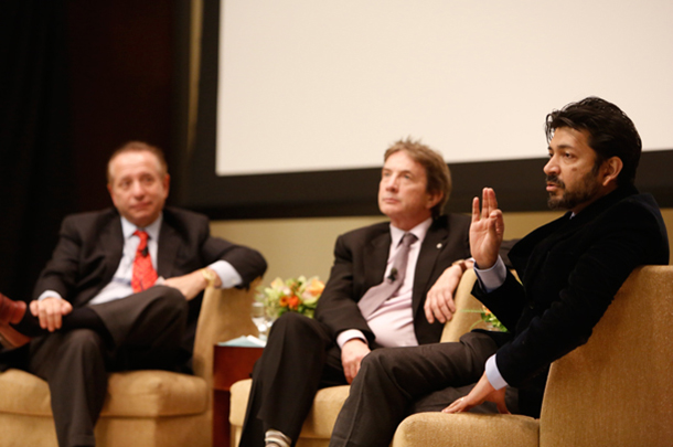 Dean Carmen A. Puliafito of the Keck School of Medicine and actor and comedian Martin Short listen intently to author Siddhartha Mukherjee during his talk in Mayer Auditorium as part of the Nancy Short Lecture series.