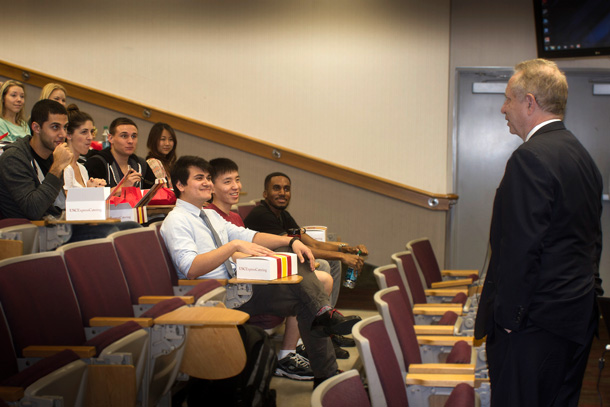 Dean Carmen A. Puliafito of the Keck School of Medicine of USC speaks to students. 