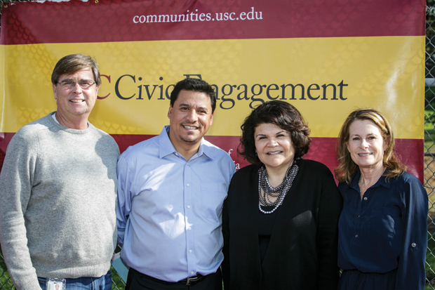 Kevin Regan of the L.A. Department of Parks and Recreation; Councilman José Huizar; Martha Escutia, USC vice president; and Judith Kieffer of the Los Angeles Parks Foundation.
