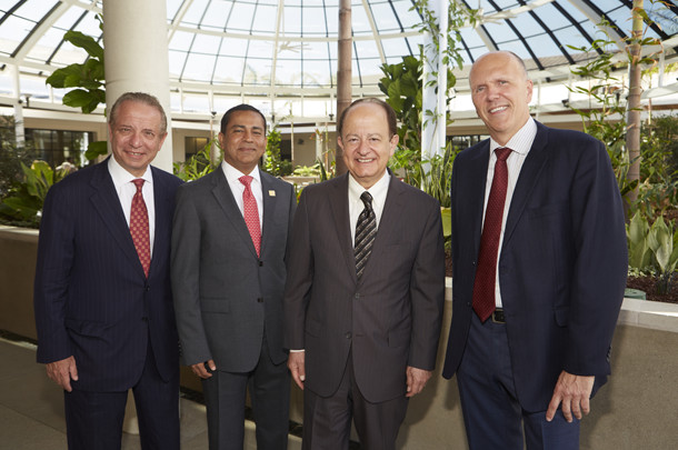Medical School Dean Carmen A. Puliafito, Eye Institute Director Rohit Varma, USC President C.L. Max Nikias and Keck Medicine of USC CEO Tom Jackiewicz helped celebrate the 40th anniversary of ophthalmology at USC. 