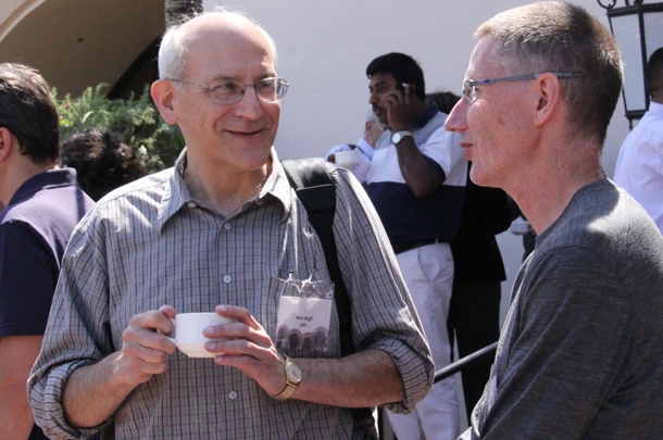 Neil Segil and Andy McMahon of USC chat during the Tri-institutional Stem Cell Retreat.