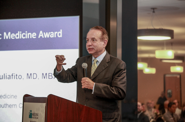Dean Carmen A. Puliafito speaks to attendees during the Los Angeles Champions of Health Awards ceremony in Long Beach.