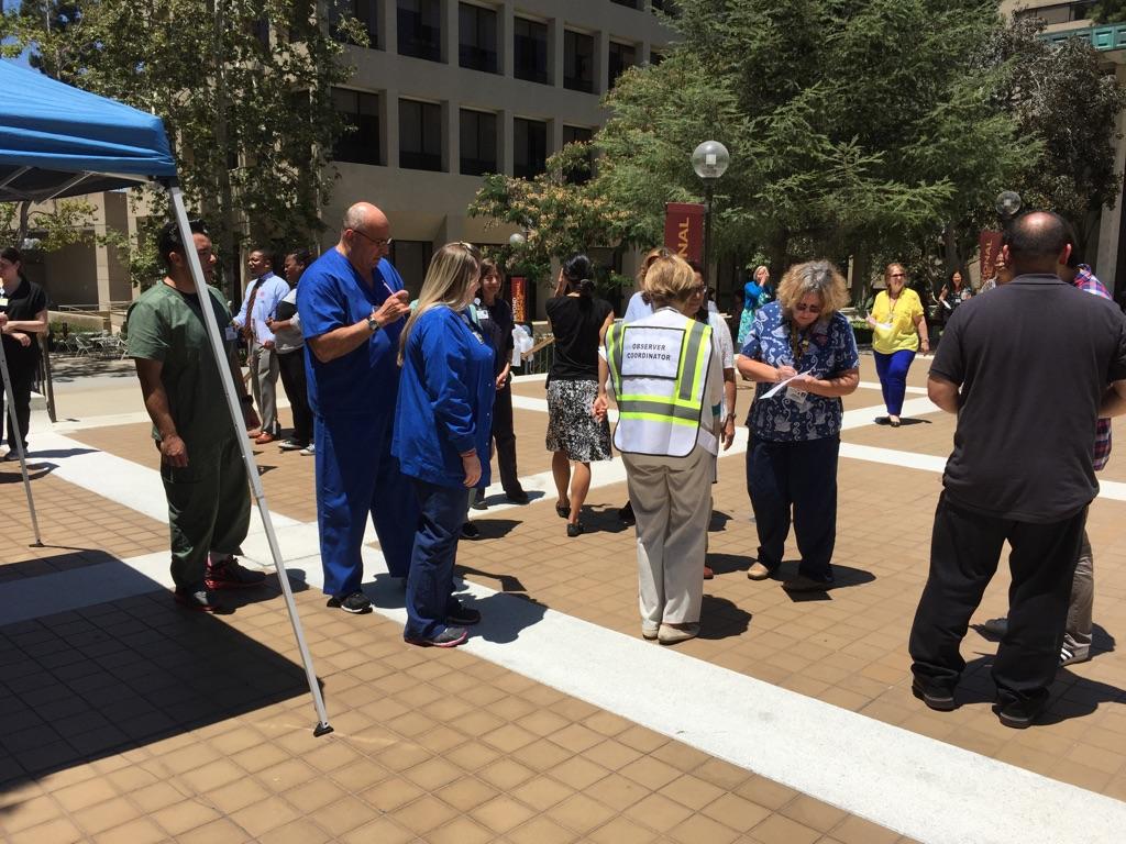 Staff members participate in an evacuation drill on July 17 at USC Norris Comprehensive Cancer Center. 