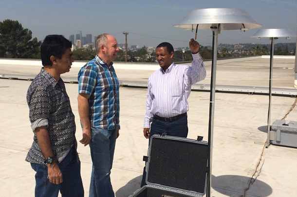Addis Ababa University co-investigator Worku Tefera trains with USC and South Coast Air Quality Management District researchers during an exercise at an air monitoring station at USC in April 2013.