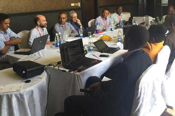 USC investigators meet with the Africa delegation regarding the air pollution study in Kampala, Uganda, in April of this year. Jonathan Samet, chair of preventive medicine at the Keck School of Medicine of USC and director of the USC Institute for Global Health, is third from the right on the far side of the table.