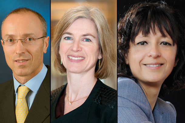 2015 Massry Prize winners Philippe Horvath, Jennifer Doudna and Emmanuelle Charpentier. Horvath and Charpentier spoke at HSC on Oct. 29, and Doudna will speak in December.