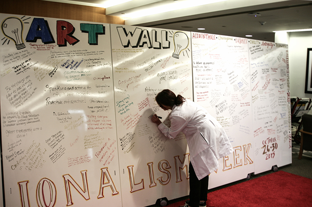 Employees add their suggestions regarding workplace behavior to the Art Wall during Professionalism Week at Keck Medicine of USC from Oct. 26-30, 2015.