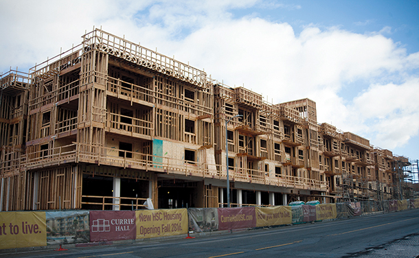 Currie Hall, a new student housing complex on the northeast corner of Alcazar and San Pablo streets, is seen under construction on Jan. 7, 2016.