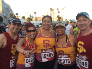 From left, Robby and Kathy Nguyen warm up at the starting line of the 2016 Skechers Performance Los Angeles Marathon with Cherise Lathan, Valerie Sanchez and Steve Blazier.