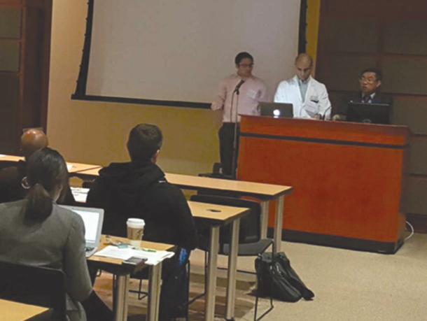 From left, Charles Kulwin of Indiana University, Gabriel Zada of Keck Medicine of USC, and Jefferson Chen of UC Irvine, present to more than 20 residents on the BrainPath Approach during a training session in January.