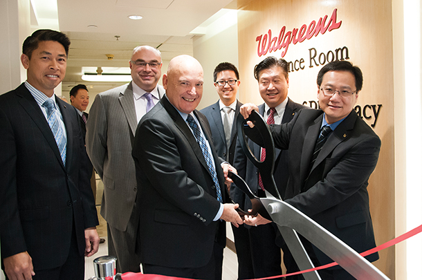 At the ribbon-cutting ceremony on Friday, Feb. 26 for the USC School of Pharmacy’s new Walgreens Conference Room, from left: Tri Leu (Walgreens Director, Pharmacy and Retail Operations), Robbie Jacobs (Walgreens Regional Healthcare Director), USC School of Pharmacy Interim Dean Glen Stimmel, Perry Han (Walgreens Director, Pharmacy and Retail Operations), Robert Lee (Walgreens Area Healthcare Supervisor) and Paul Huynh (Walgreens Area Healthcare Supervisor).