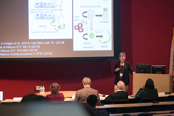 Keynote speaker Brigid Hogan presents at the Hastings Center for Pulmonary Research inaugural symposium March 11.