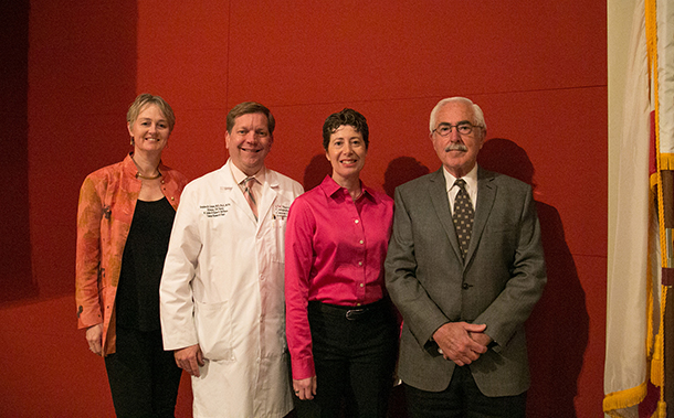 From left, Ite Laird-Offringa, Stephen Gruber, Barbara Gitlitz and Art Ulene pose before the USC Norris Ambassadors Friends and Family Luncheon, held March 24 at Aresty Auditorium on the Health Sciences Campus. Laird-Offringa and Gitlitz gave a presentation on the genetic predisposition to lung cancer as well as answered audience questions at the luncheon.