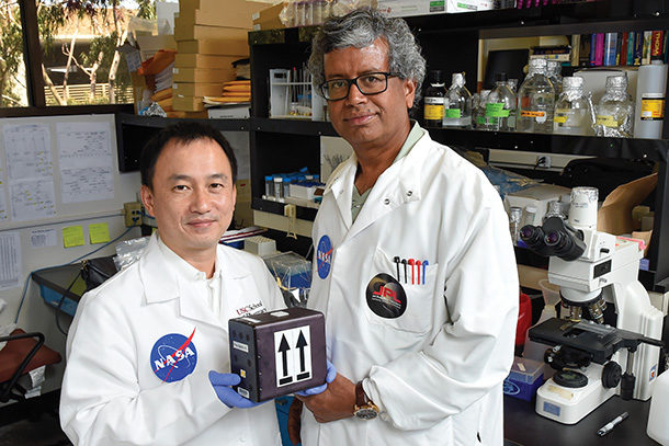Clay Wang and Kasthuri “Venkat” Venkateswaran will be the first team in the world to launch fungi into space for the purpose of potentially developing new medicine for use both in space and on Earth. (Photo/Gus Ruelas)