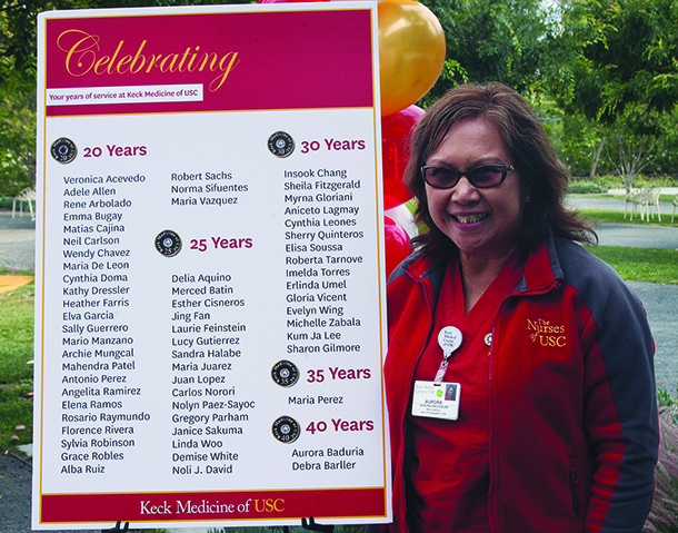 Aurora Baduria, a registered nurse in the outpatient surgery center, was honored during the Years of Service Breakfast for her 40 years of service to Keck Medical Center of USC.