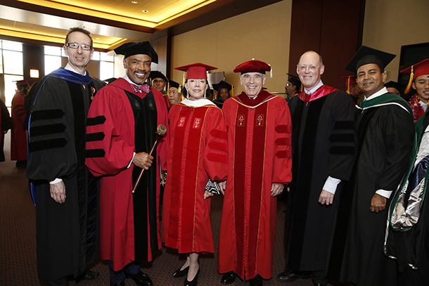 From left, USC Provost Michael Quick, Henri Ford, Gayle Roski, Edward Roski, Paul Farmer and Keck School of Medicine of USC Interim Dean Rohit Varma, seen before the medical students' commencement ceremonies May 14, 2016 at the Galen Center.