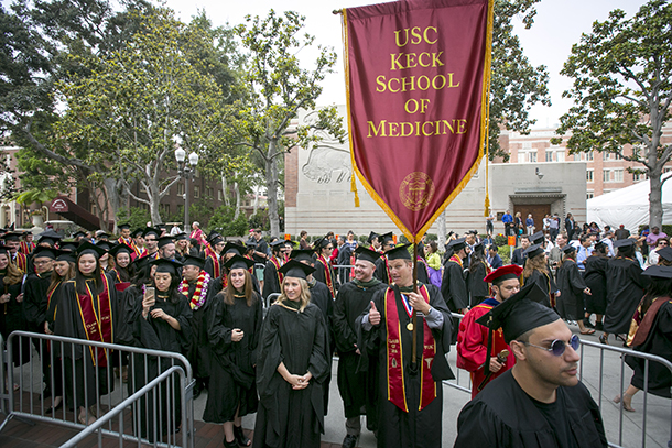 Students process in during the 133rd Commencement of USC on May 13, 2016 in Los Angeles.
