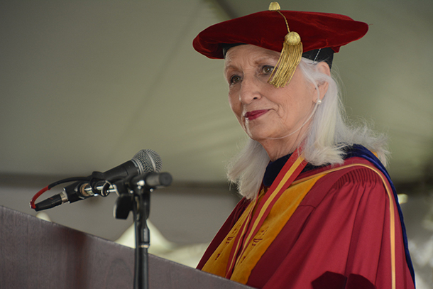 Florence Clark, PhD, associate dean and chair of the USC Mrs. T.H. Chan Division of Occupational Science and Occupational Therapy, speaks during the satellite commencement ceremony May 13 on the University Park Campus.