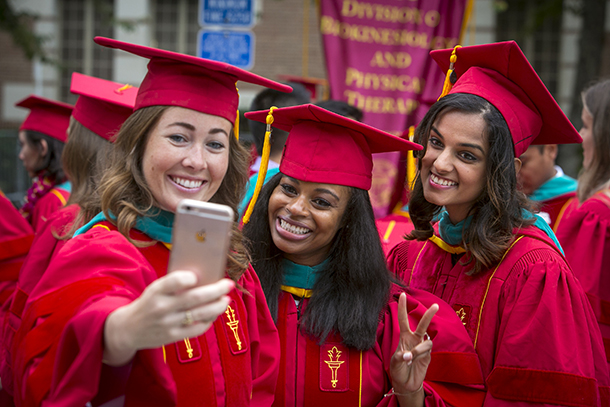 Tara O'Brien, Chelsea Forte, and Rashi Agrawal, all doctor of physical therapy grads, take a photo during the 133rd Commencement of USC on May 13, 2016 in Los Angeles.