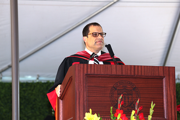 USC Distinguished Professor Dana Goldman, director of the USC Schaeffer Center for Health Policy and Economics, delivered the commencement address May 13 at the USC School of Pharmacy satellite commencement ceremony on the Health Sciences Campus.