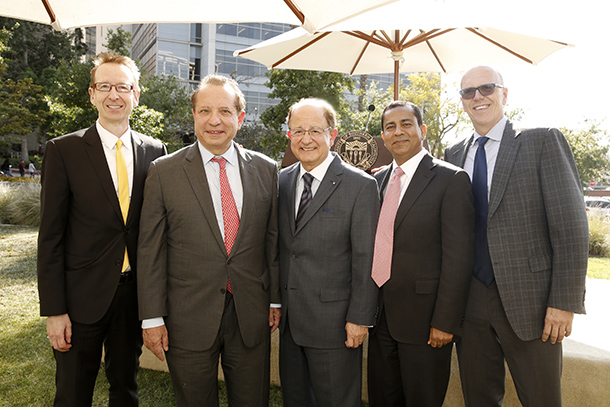 From left, Provost Michael Quick, Carmen A. Puliafito, President C. L. Max Nikias, Keck School of Medicine of USC Interim Dean Rohit Varma, and Keck Medicine of USC Senior Vice President and CEO Thomas Jackiewicz are seen at a reception honoring Puliafito, held June 7 on the Health Sciences Campus.