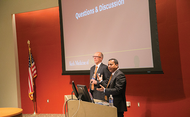 Tom Jackiewicz and Rohit Varma speak at the first State of the Health Sciences, held June 9 at Aresty Auditorium.