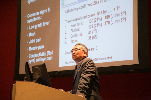 Jae Jung speaks during the Zika Virus Awareness Symposium, held June 9 at Aresty Auditorium on the Health Sciences Campus.