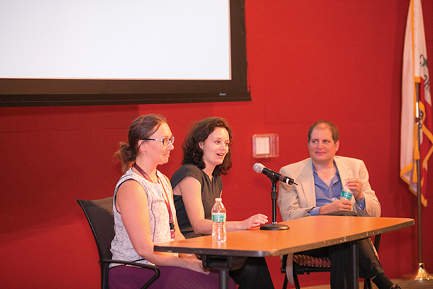 From left, Rebecca Trotzky-Sirr and Welmoed Kirsten van Deen participate in a panel discussion with Steve Asch, right, during the inaugural Gehr Family Center for Implementation Science Guest Speaker Series.