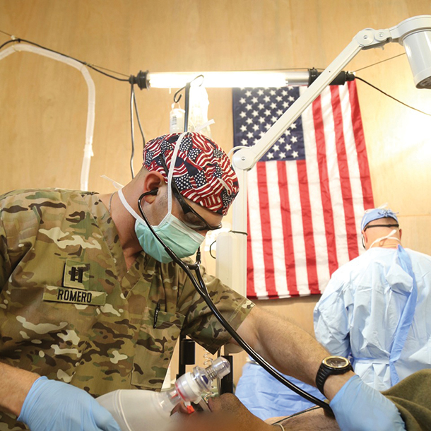 Joe Romero, a 2013 graduate of the nurse anesthesia program and a captain in the U.S. Army Reserve, was deployed to Iraq to serve as a nurse anesthetist with the 948th Forward Surgical Team in support of Operation Inherent Resolve.