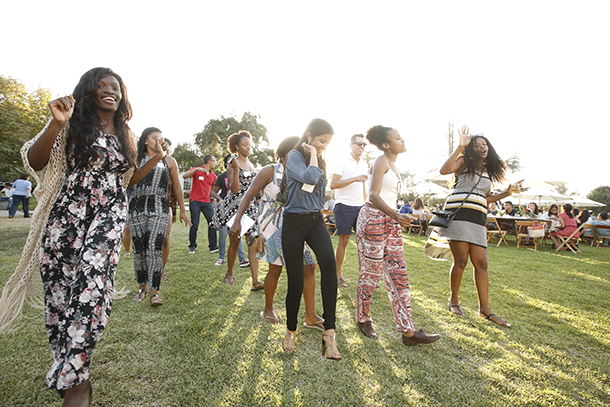 Keck School of Medicine of USC students dance during the Welcome Reception for first-year and returning students, held Aug. 9 at Huntington Library and Gardens.